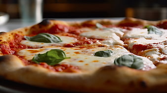 Close-up of fresh Margherita pizza with basil and melted cheese