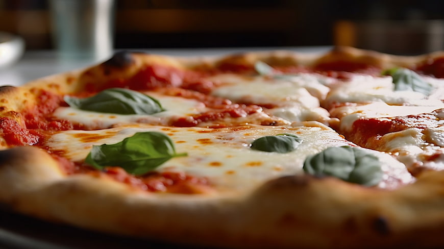Close-up of fresh Margherita pizza with basil and melted cheese