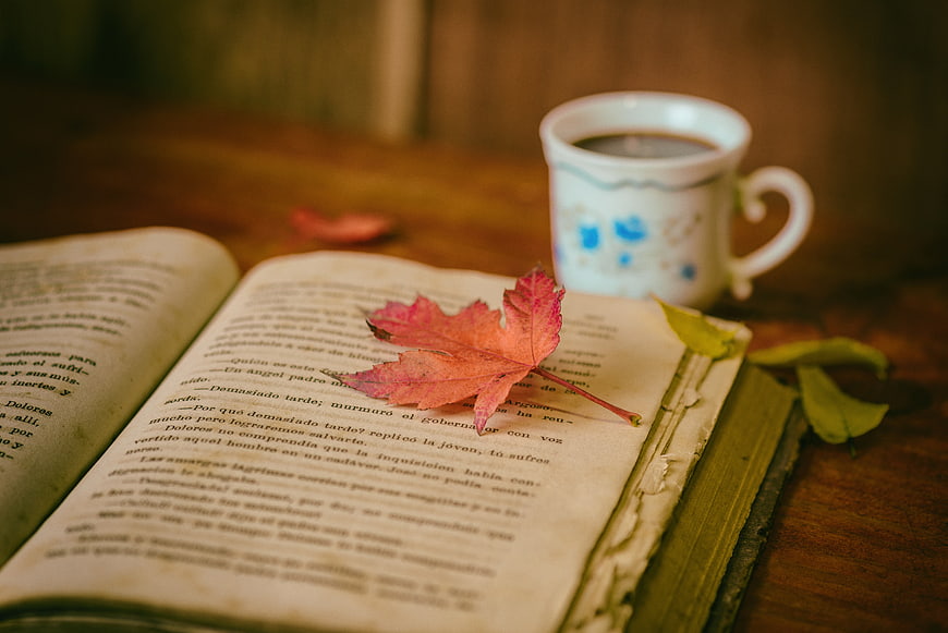 Autumn leaf on open book with coffee cup