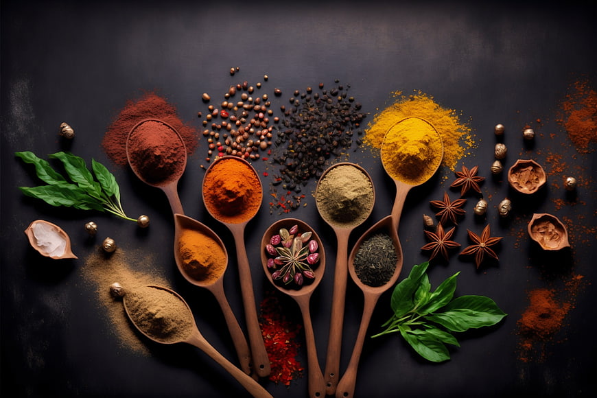 Top View of Colorful Spices in Wooden Spoons on Dark Background