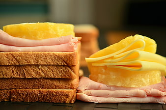 Close-up of stacked Hawaiian toast with ham and pineapple