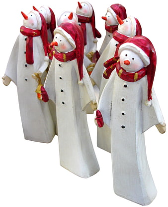 Group of wooden Saint Nicholas figurines with red hats and scarves