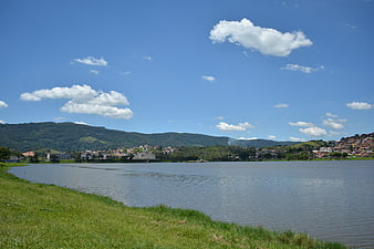 Scenic Lake View with Green Hills and Blue Sky