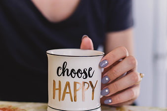Woman Holding Choose Happy Coffee Mug
