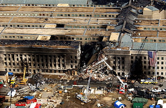 Aerial view of the Pentagon damage and recovery operations after September 11
