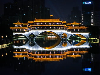Anshun Bridge at Night in Chengdu, China
