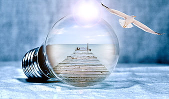 Conceptual lightbulb with pier and flying seagull