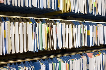 Rows of hanging file folders in a corporate archive