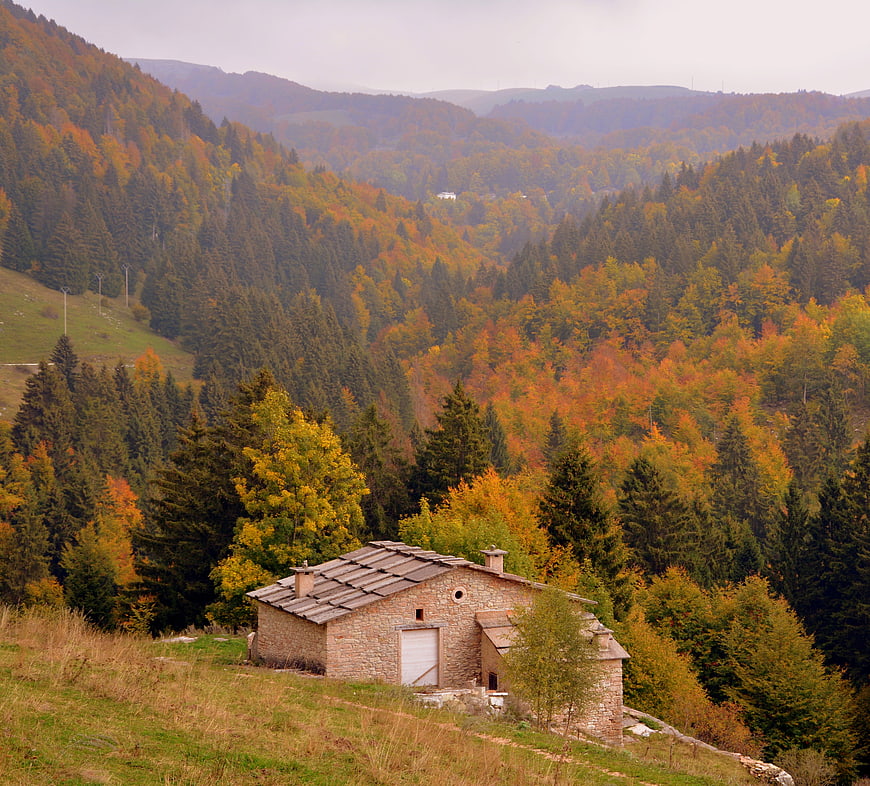 Rustic stone hut in autumn forest landscape, Lessinia, Italy