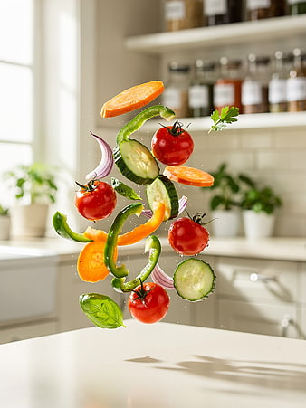 Fresh Sliced Vegetables Floating in Kitchen