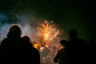 Silhouetted Crowd Watching Fireworks at Night