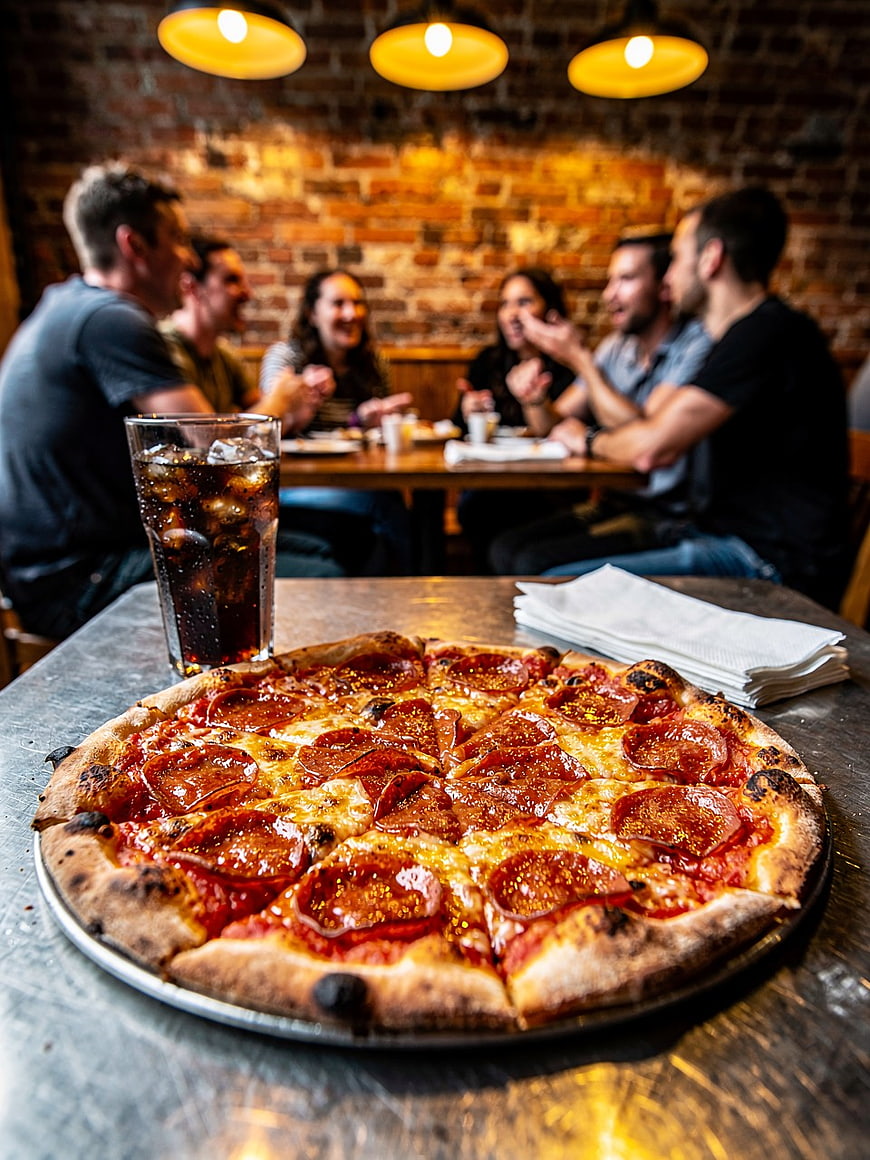 Pepperoni Pizza and Soda with Friends Dining in Restaurant
