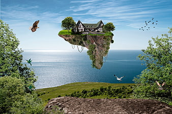 Surreal Floating Island With Tudor House Above Sea And Birds