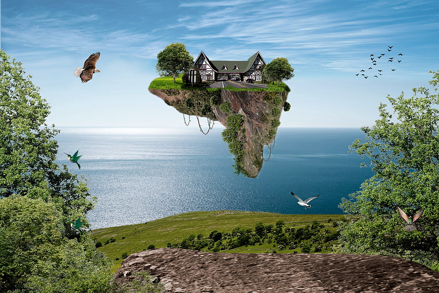 Surreal Floating Island With Tudor House Above Sea And Birds