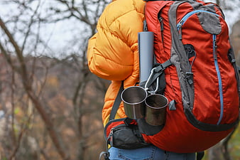 Hiker with Orange Backpack and Camping Gear in Forest