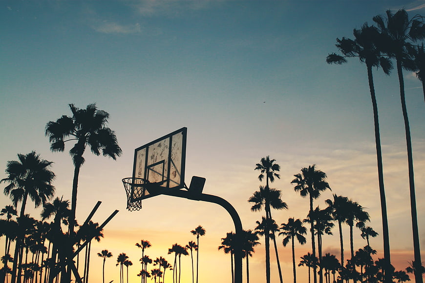 Silhouetted basketball hoop and palm trees against a sunset sky