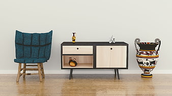 Modern Interior with Blue Chair, Wooden Sideboard, and Greek Vase