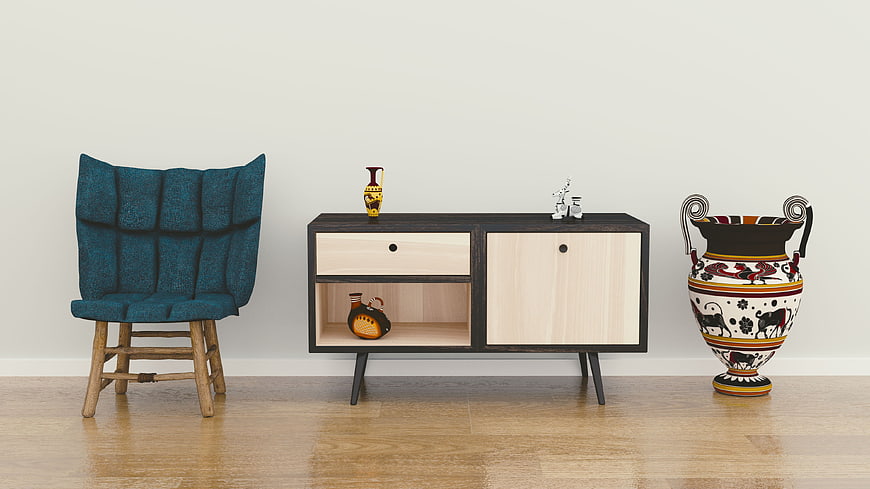 Modern Interior with Blue Chair, Wooden Sideboard, and Greek Vase
