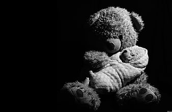 Black and white teddy bear holding a smaller plush toy