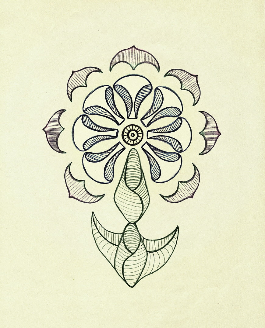 Hand-drawn symmetrical floral illustration on vintage paper