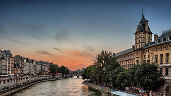Sunset View of Seine River and Conciergerie in Paris