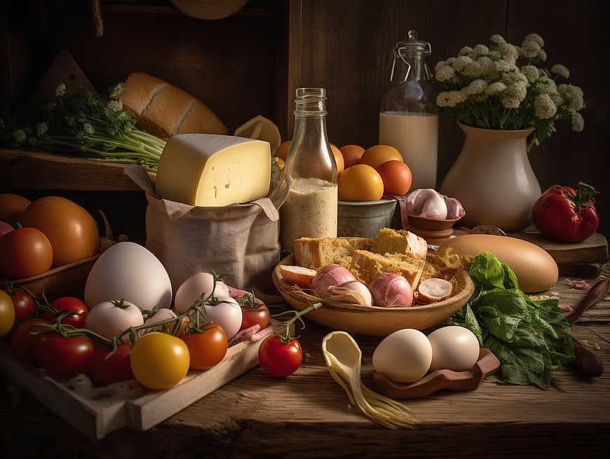 Rustic still life of organic farm produce and dairy