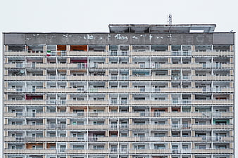 Modernist Concrete Apartment Building Facade with Grid Pattern