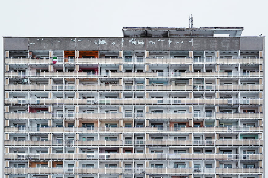 Modernist Concrete Apartment Building Facade with Grid Pattern