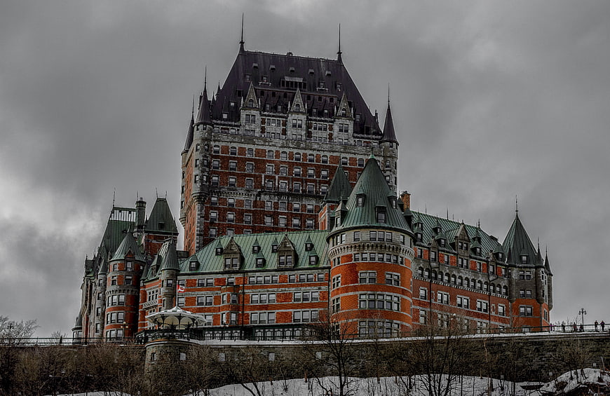 Chateau Frontenac Hotel in Old Quebec City Under Dramatic Winter Sky