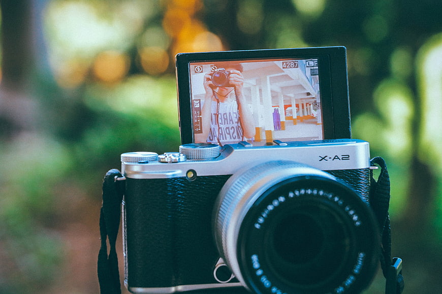 Silver Fujifilm X-A2 Camera with Flip Screen in Nature