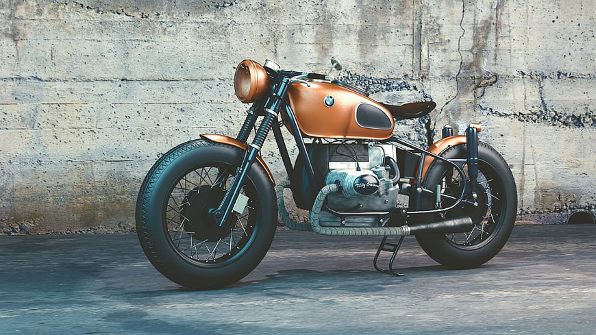 Custom Orange BMW Cafe Racer Motorcycle Against Concrete Wall