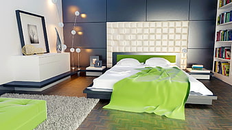 Modern Bedroom Interior with Green Accent and Tufted Headboard