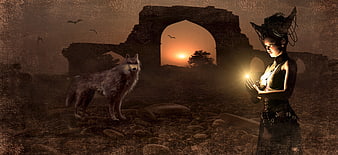 Mystical Witch and Wolf in Ancient Ruins at Sunset