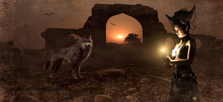 Mystical Witch and Wolf in Ancient Ruins at Sunset