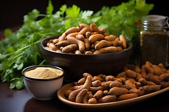 Fresh Tamarind Pods, Powder, and Herbs on Wooden Table