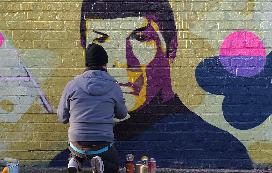 Artist Painting Star Trek Spock Mural On Brick Wall