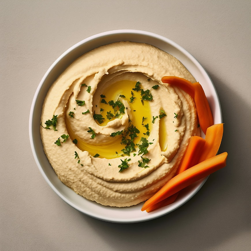 Top View of Creamy Hummus with Carrots and Olive Oil