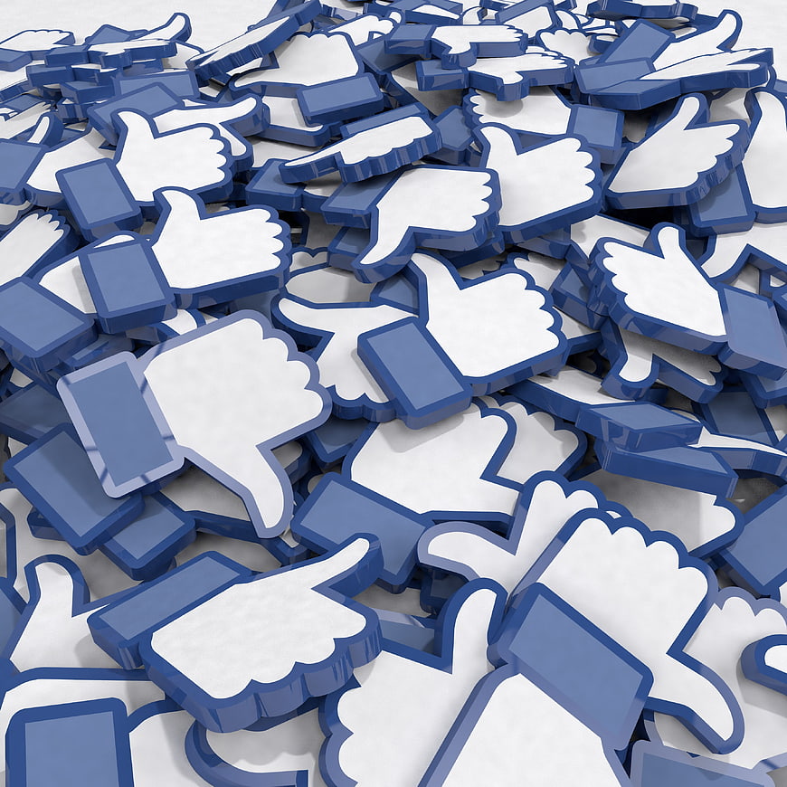 3D Render of Piled Blue and White Facebook Like Icons