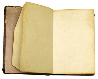 Open vintage book with blank yellowed pages on white background