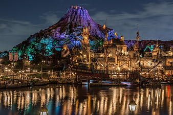 Night View of Mount Prometheus and Port Discovery at DisneySea