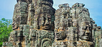 Ancient Stone Faces of Bayon Temple in Angkor Thom, Cambodia