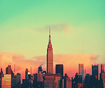 Empire State Building Skyline at Sunset with Teal and Orange Gradient