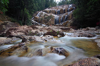 Serene waterfall cascading over rocks in a lush forest