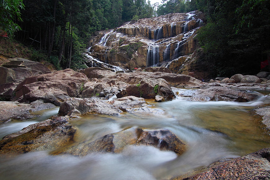Serene waterfall cascading over rocks in a lush forest