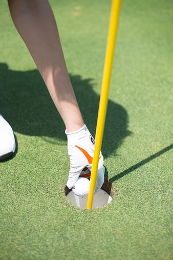 Golfer Retrieving Ball from Hole on Green