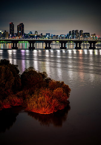 Night Cityscape with Bridge and River Reflections