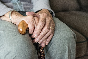 Close-up of elderly woman's hands holding wooden cane