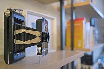 Vintage folding camera on wooden shelf with books