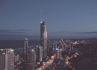 Aerial Night View of Gold Coast Skyline with Skyscrapers