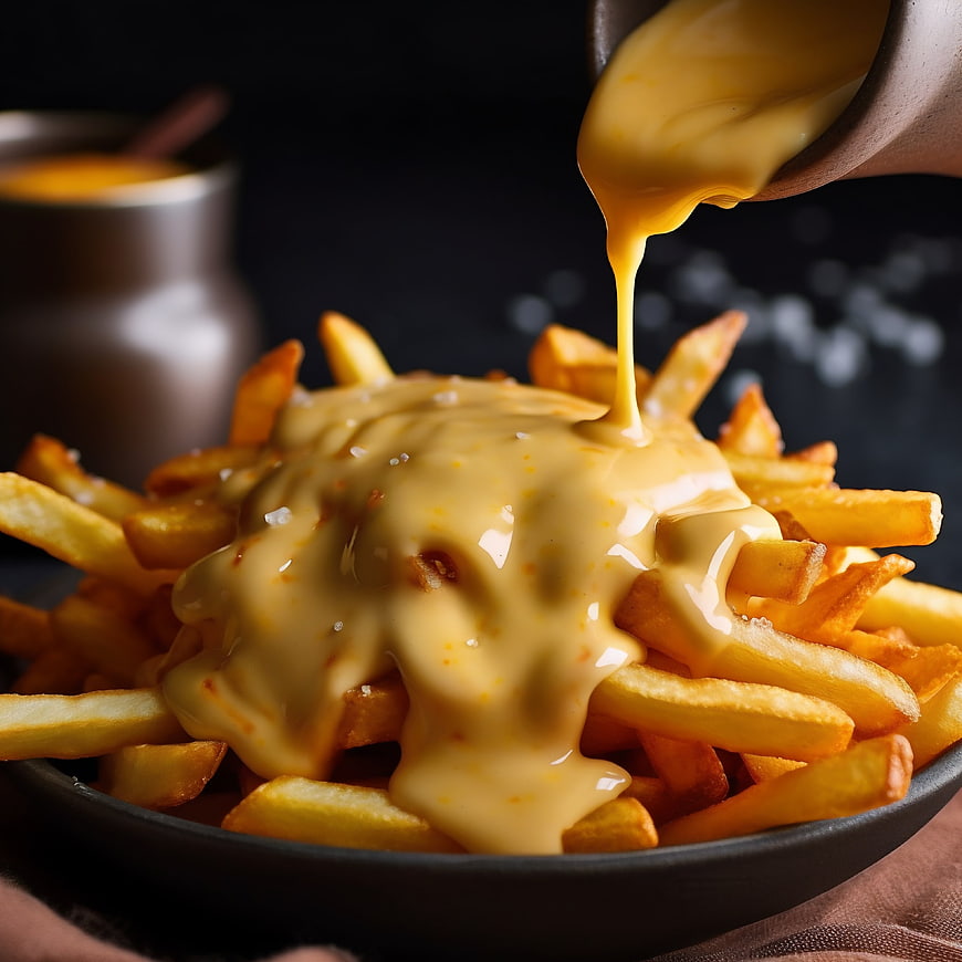 Golden French Fries with Pouring Cheese Sauce